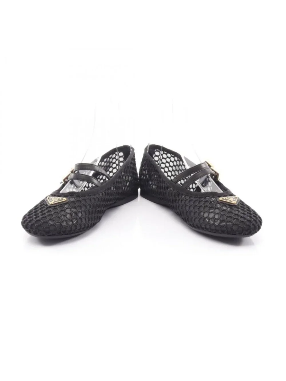 Prada Pumps Macrame Mesh Black Leather Ballet Shoes